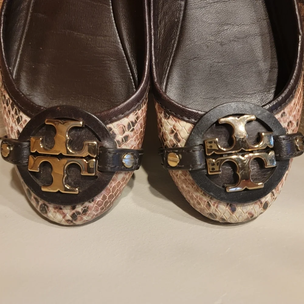 Tory Burch Women's Ballet Flats In Shades Of Brown Snakeskin Leather Size 7.5